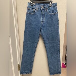 Women’s Levis Jeans 501 Premium Capital E Blue Wash Leather Patch